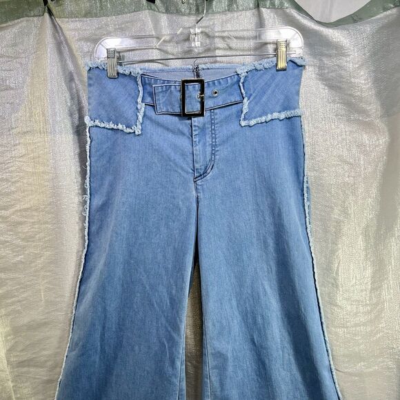 SHAFT Raw Edge Waist Belt With Zip Denim Flared Bell Bottom Italian Size US 6 - Picture 1 of 14